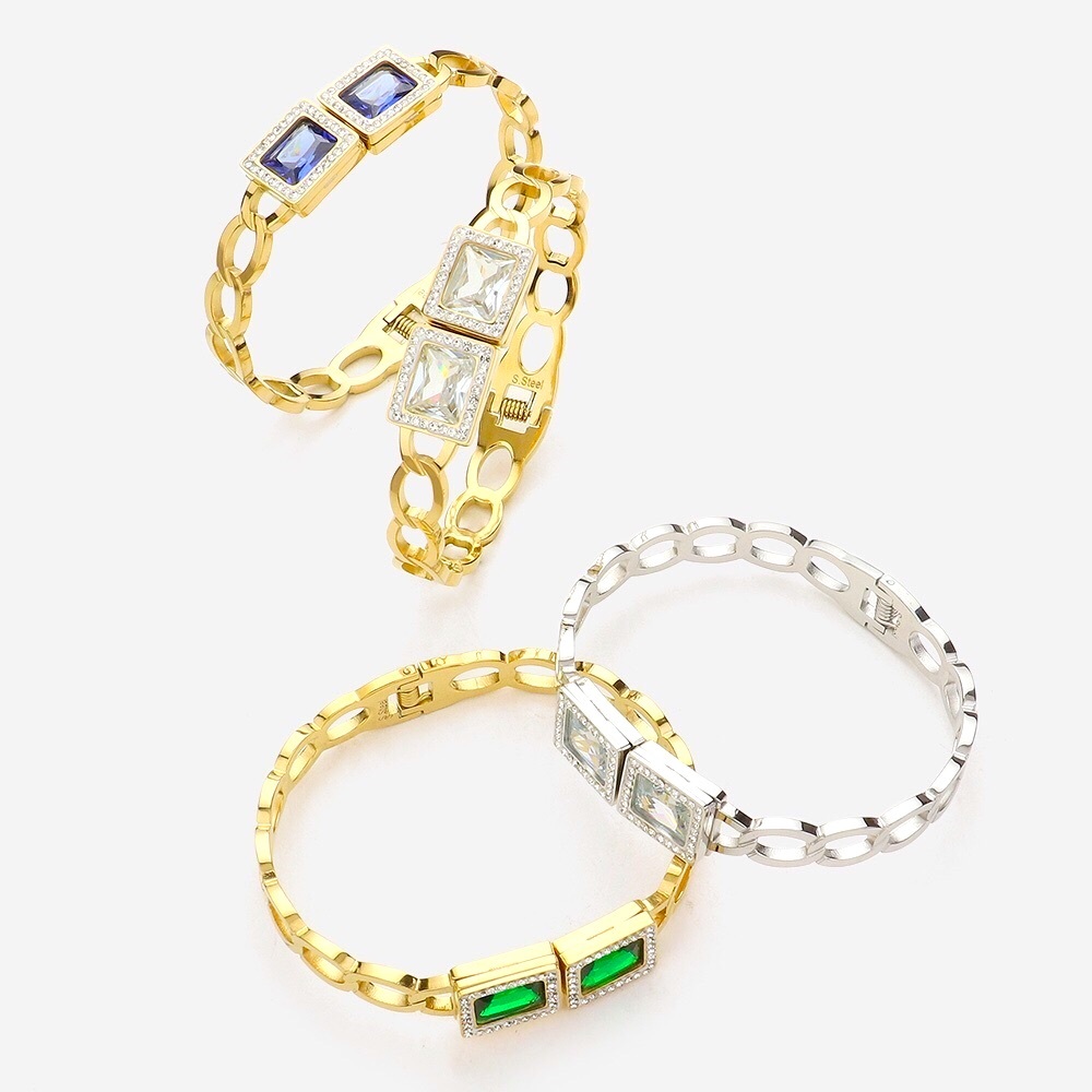Square Stone Stainless Steel Hinged Bracelet